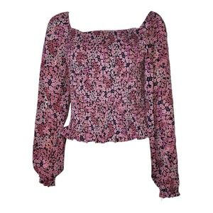 Vince Camuto Top Womens Size Medium Pink Floral Boho Smocked Puff Sleeve Peasant
